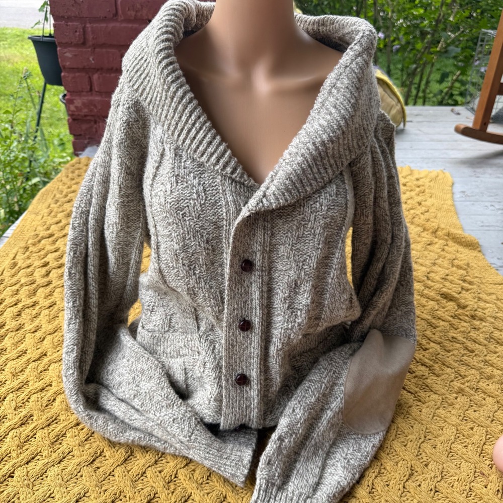 Vintage Lands End Wool Blend Shawl Collar Cardigan Sweater Elbow Patches USA L - Picture 2 of 7